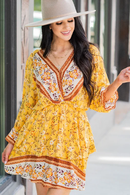 Make The News Mustard Yellow Mixed Print Dress