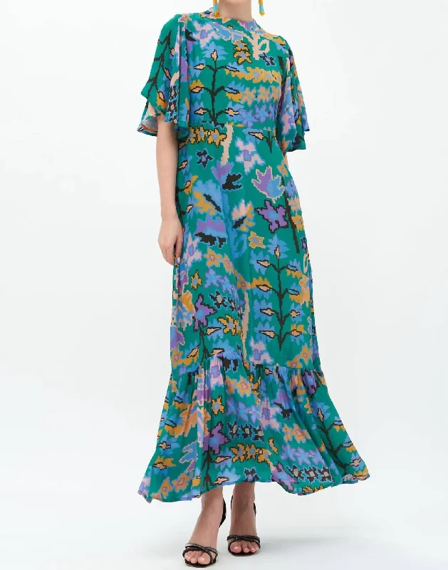 Flirty Mock Neck Maxi Dress In Bukhara Green