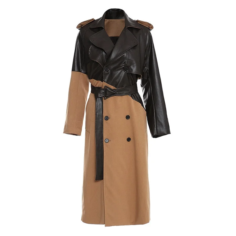 Women Khaki Pu Leather Big Size Long Trench Lapel Long