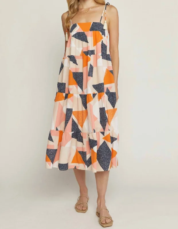 Printed Square Neck Dress In Peach/blue