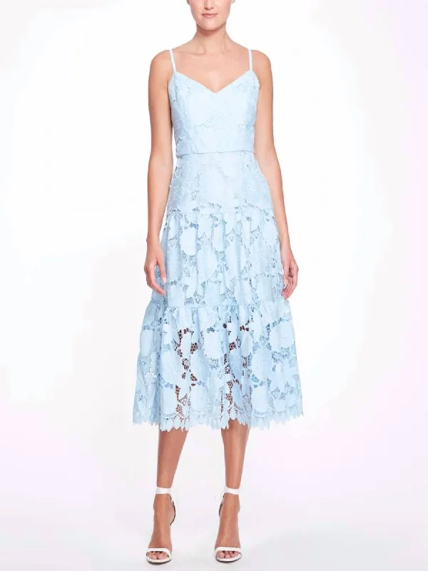 3D Floral Eyelet Midi Dress In Dusty Blue