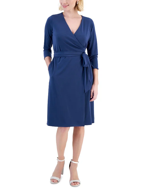 Petites Womens Wrap Tie Front Wrap Dress