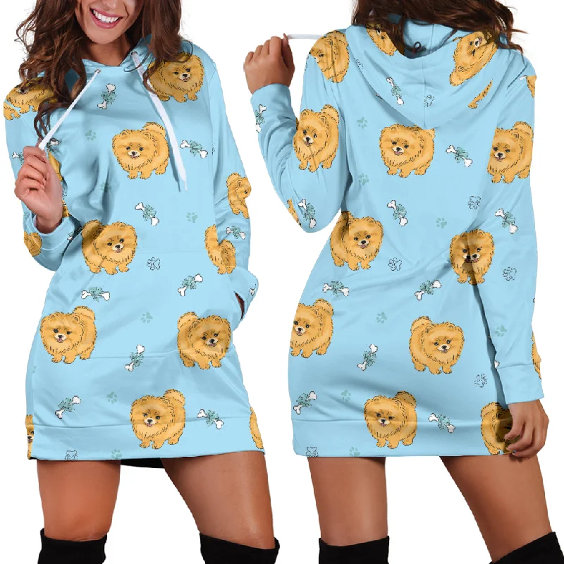 Brown Cute Pomeranian Blue Blackground Women'S Hoodie Dress