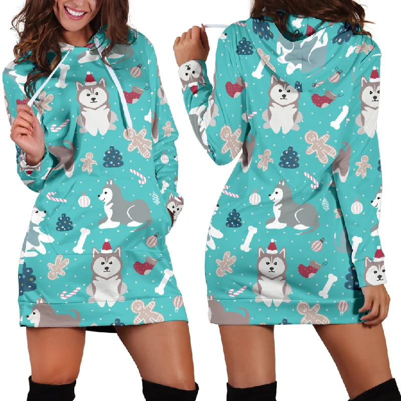 Christmas Cute Siberian Husky Puppie Pattern Women'S Hoodie Dress