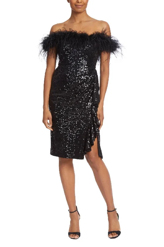 Feather Sequin Strapless Dress In Black