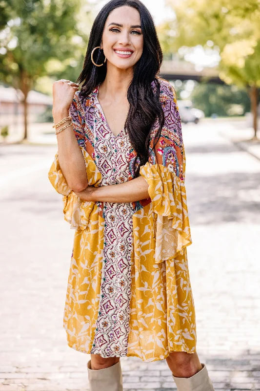 Let's Go Back Goldenrod Yellow Mixed Print Dress