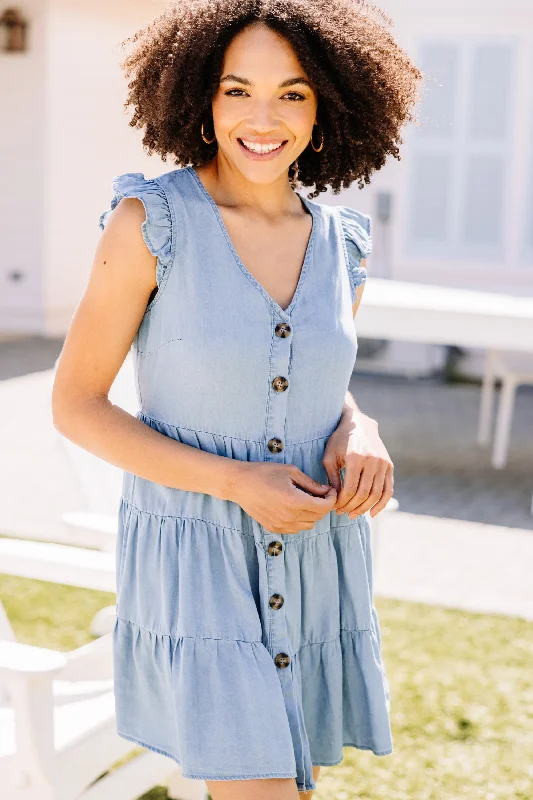 Can't Stay Away Blue Chambray Dress