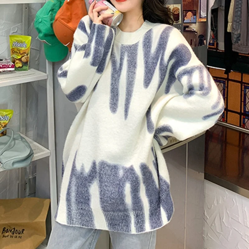 Print Knitted Sweater Women Elegant Green Striped Oversized Pullovers Women