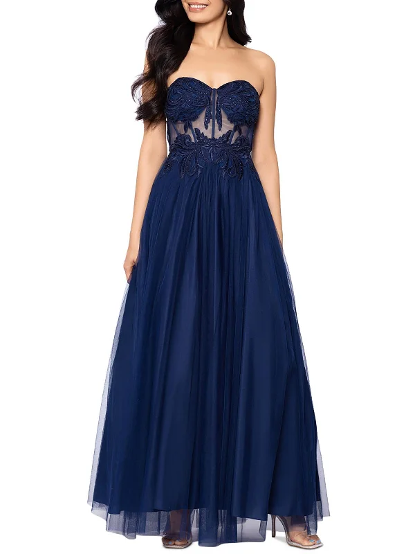 Juniors Womens Embellished Strapless Evening Dress