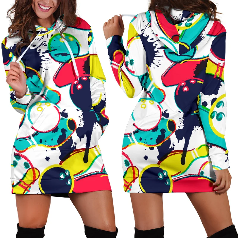 Watercolor Bowling Ball Pins Women'S Hoodie Dress