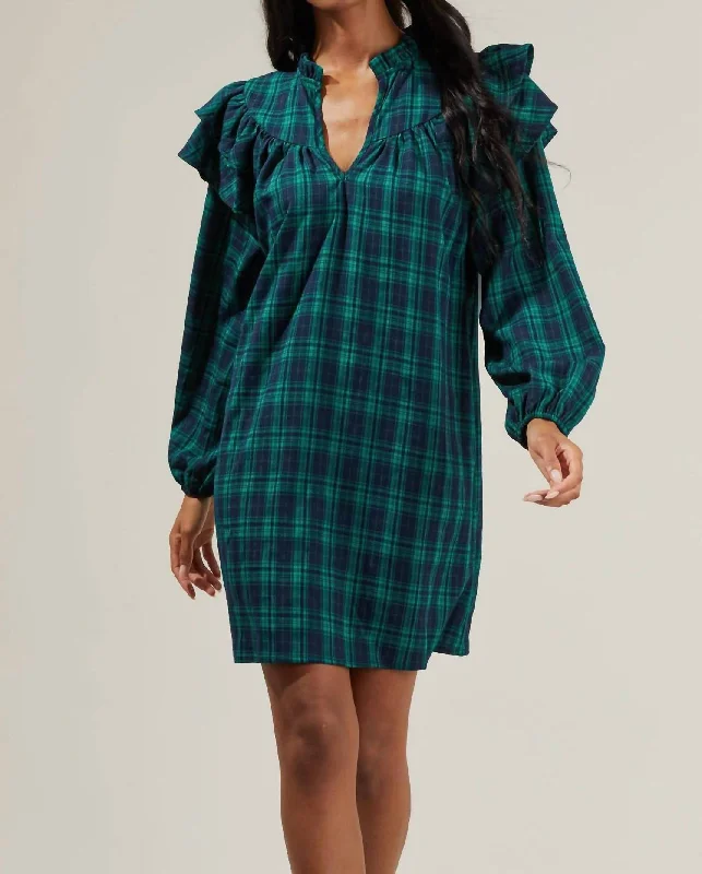 Raquel Plaid Babydoll Mini Dress In Green Multi