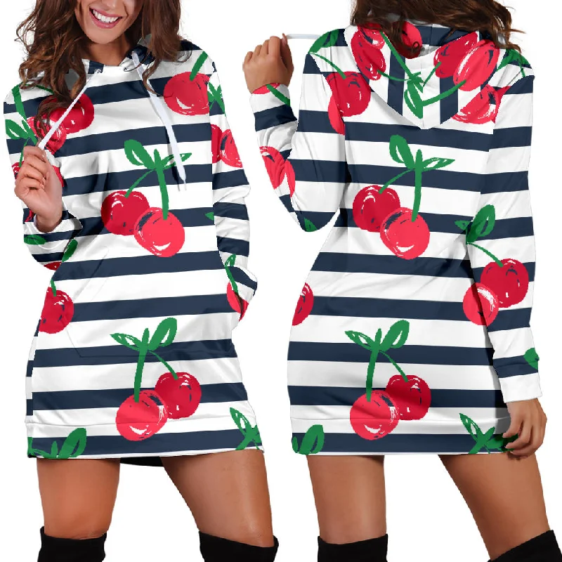 Hand Drawn Cherry Pattern Striped Background Women'S Hoodie Dress