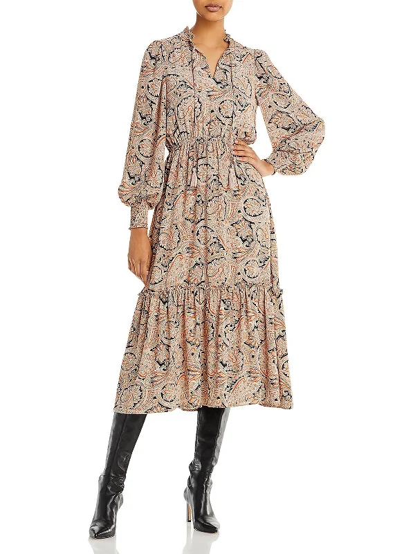 Womens Paisley Print Ruffle Neck Midi Dress