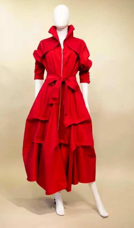 Zip Front Midi Length Coat Dress In Red