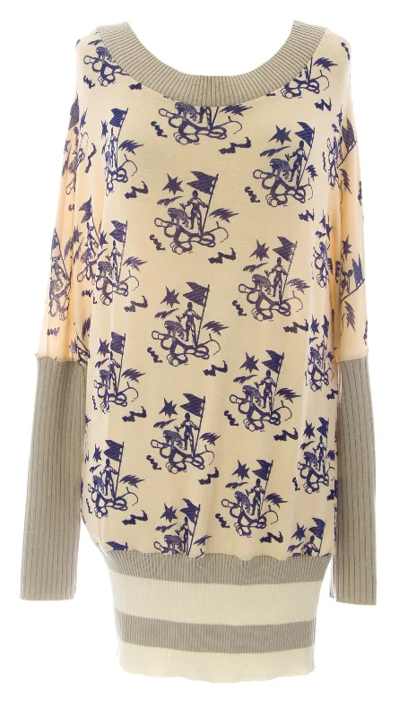 ETERNAL CHILD Women's Beige/Grey Batwing Printed Tunic Sweater NEW