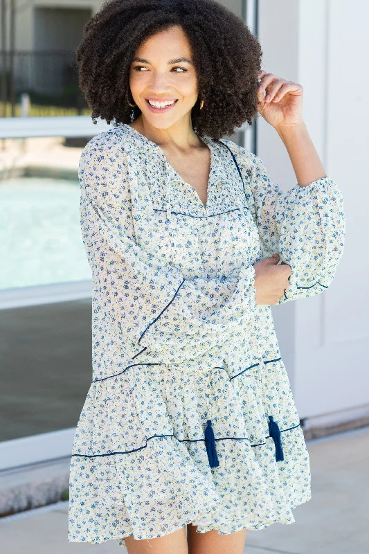 Take Me Out Ivory White Ditsy Floral Dress