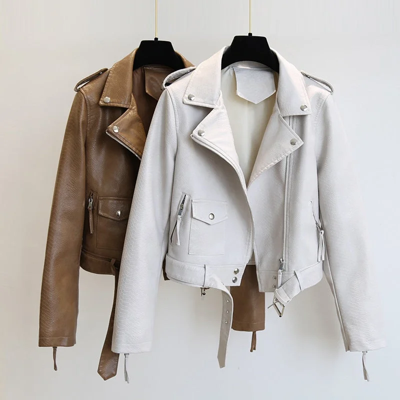 Spring Autumn Women Faux Leather Jacket Slim Streetwear Khaki