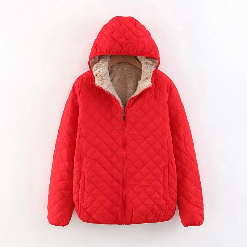 Women Autumn Winter Parkas Coat Jackets Female Lamb Hooded Plaid