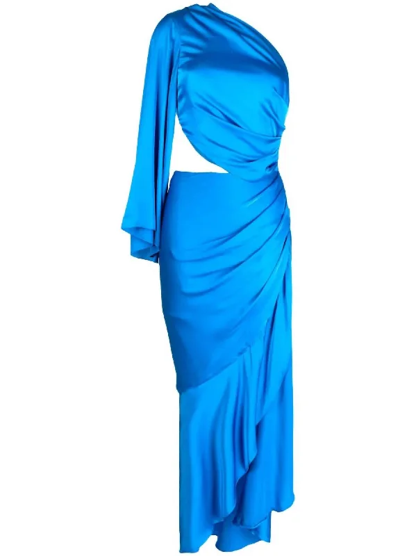 Women's One Shoulder Draped Asymmetric Satin Maxi Dress In Cobalt