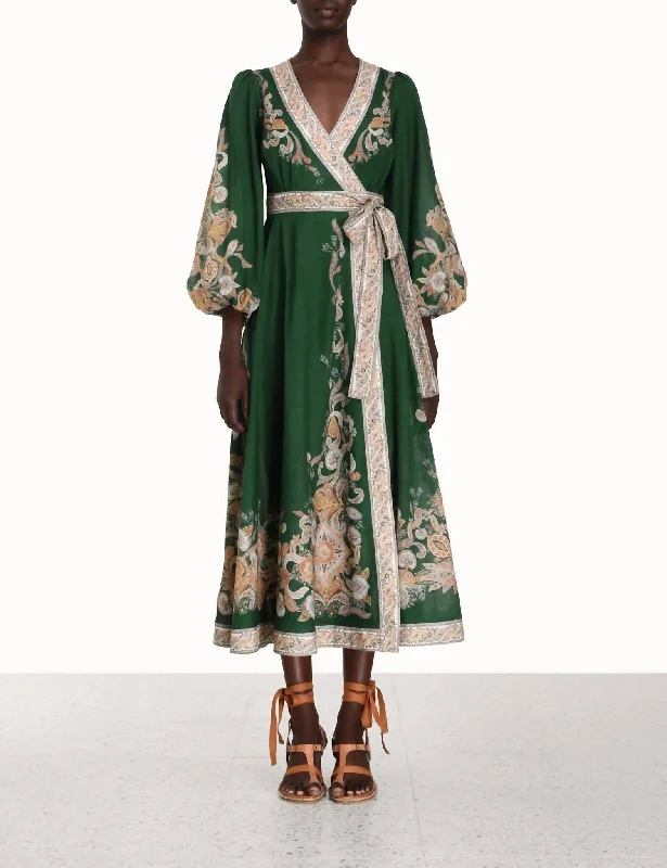 Devi Wrap Midi Dress In Emerald/paisley