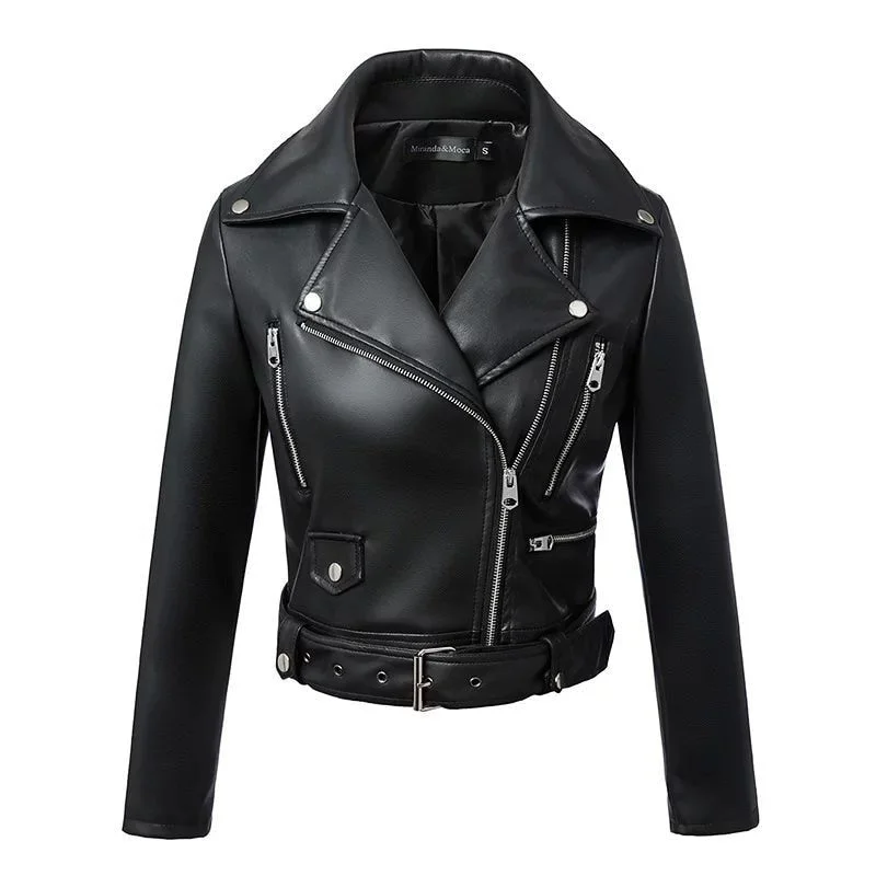 Women Autumn Winter Black Faux Leather Jackets Zipper Basic Coat