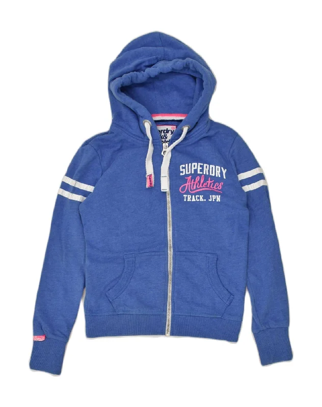 SUPERDRY Womens Graphic Zip Hoodie Sweater UK 10 Small Blue Cotton