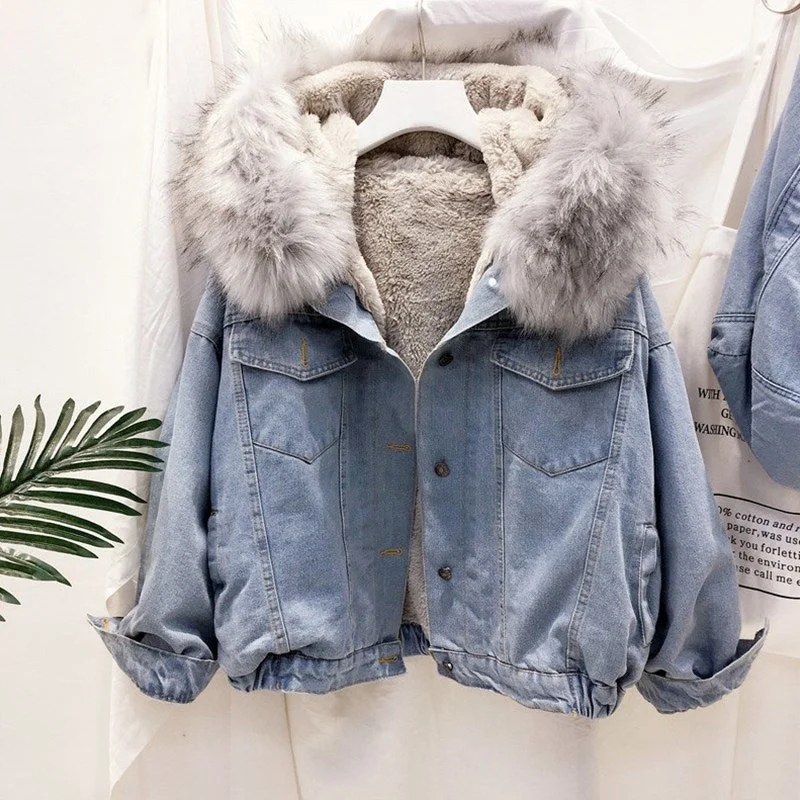 Velvet thick denim jacket female winter big faux fur collar coat female student short coat