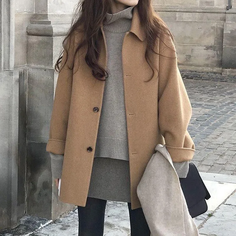 Autumn Women Faux Wool Coat Long Sleeve Single Breasted Fashion