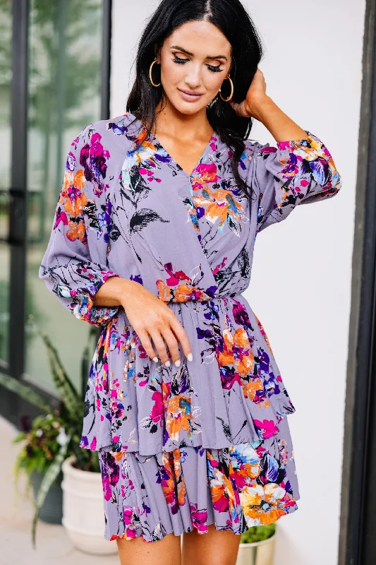 Influenced By Florals Lilac Gray Floral 3/4 Sleeve Dress