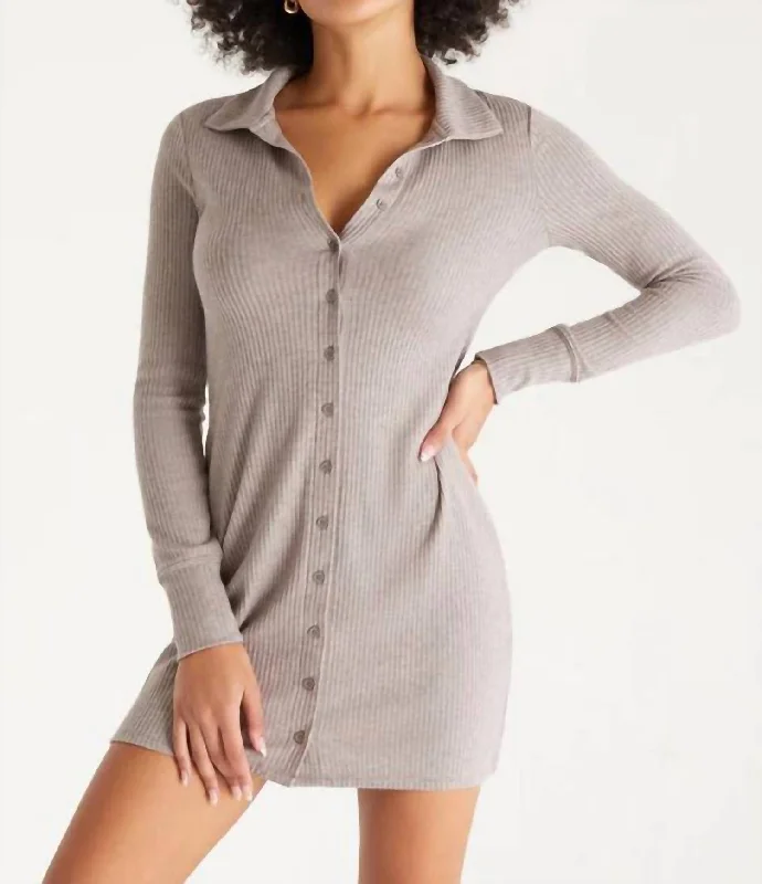 Zeda Rib Button Up Dress In Ash