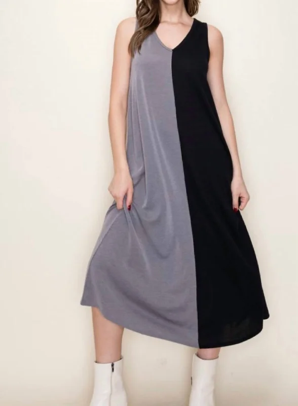 Baby Rib Two Tone Sleeveless Midi Dress In Black & Gray