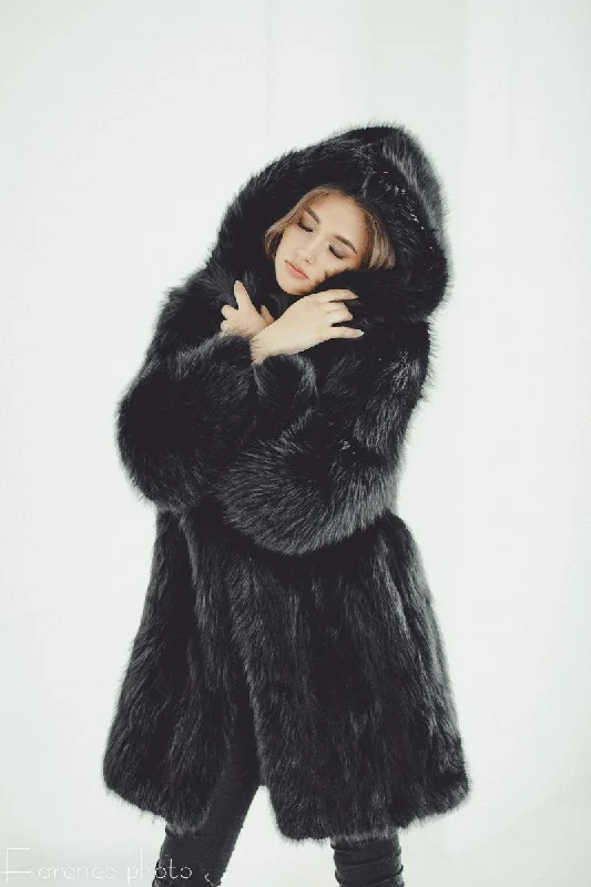 Fox Fur Coat with Hood (Black)