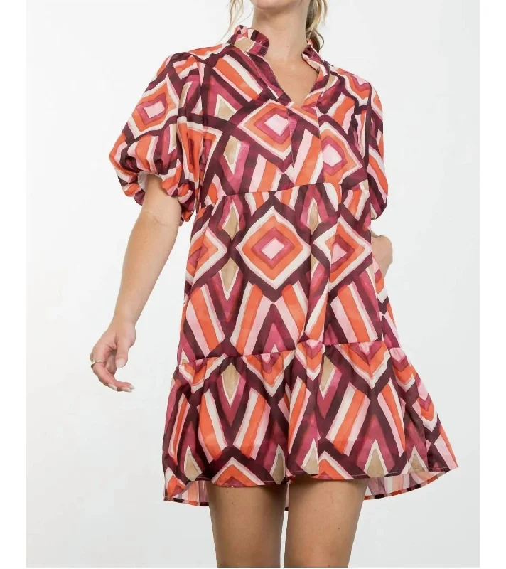 Burgundy Puff Sleeve Graphic Minidress In Plum