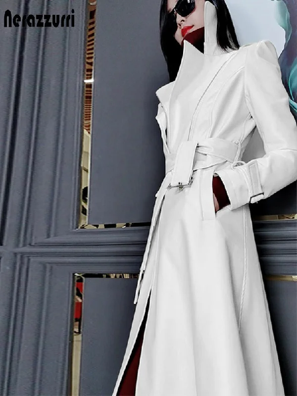 Spring Runway White Long Leather Trench Coat for Women