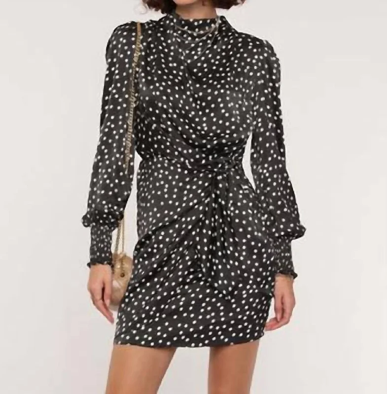 Satin Polka Dot Wrap Dress In Onyx