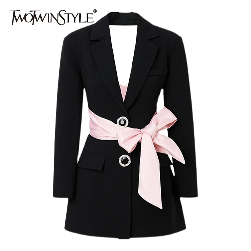 Women Autumn Coat Notched Long Sleeve Patchwork Diamond Slim Female