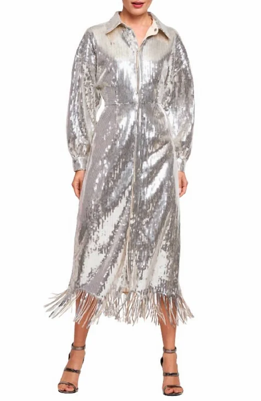 Brooke Sequin Fringe Shirtdress In Silver