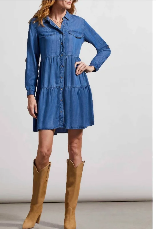 Roll Up Sleeve Shirt Dress In Indigo