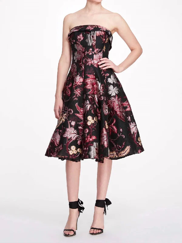 Strapless Floral Tea Length Gown In Black