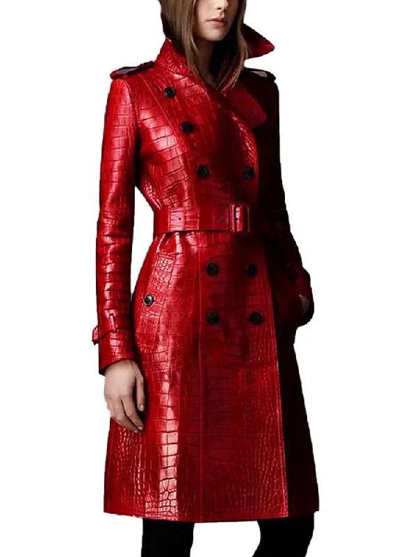 Autumn Long Red Crocodile Print Leather Trench Coat for Women