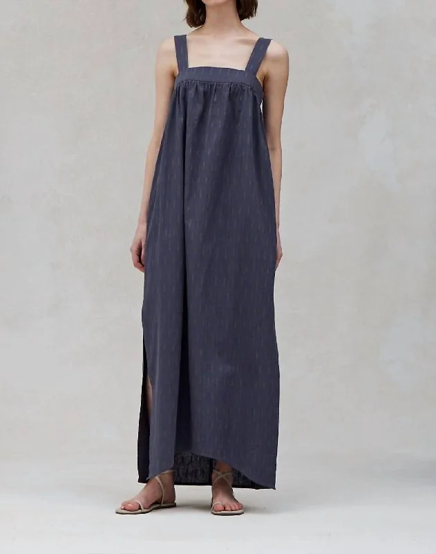 Embroidered Linen & Cotton Maxi Dress In Deep Lake