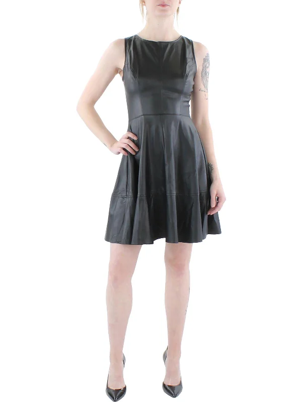 Womens Faux Leather Mini Fit & Flare Dress