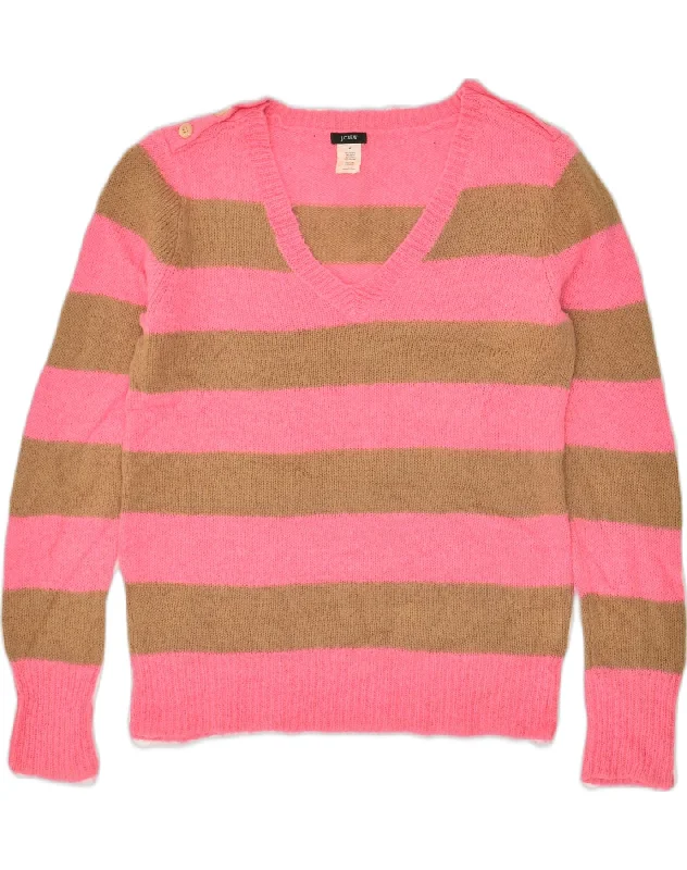 J. CREW Womens V-Neck Jumper Sweater UK 14 Medium Pink Striped Acrylic