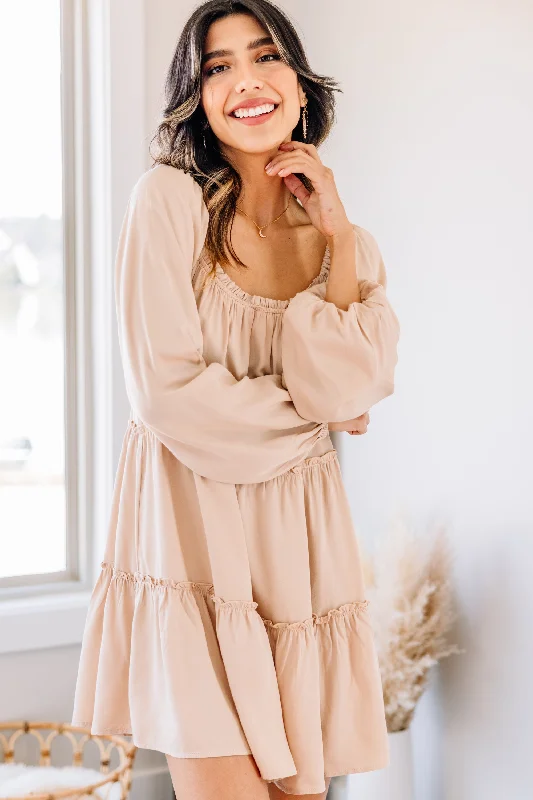 Stay On Topic Taupe Brown Babydoll Dress