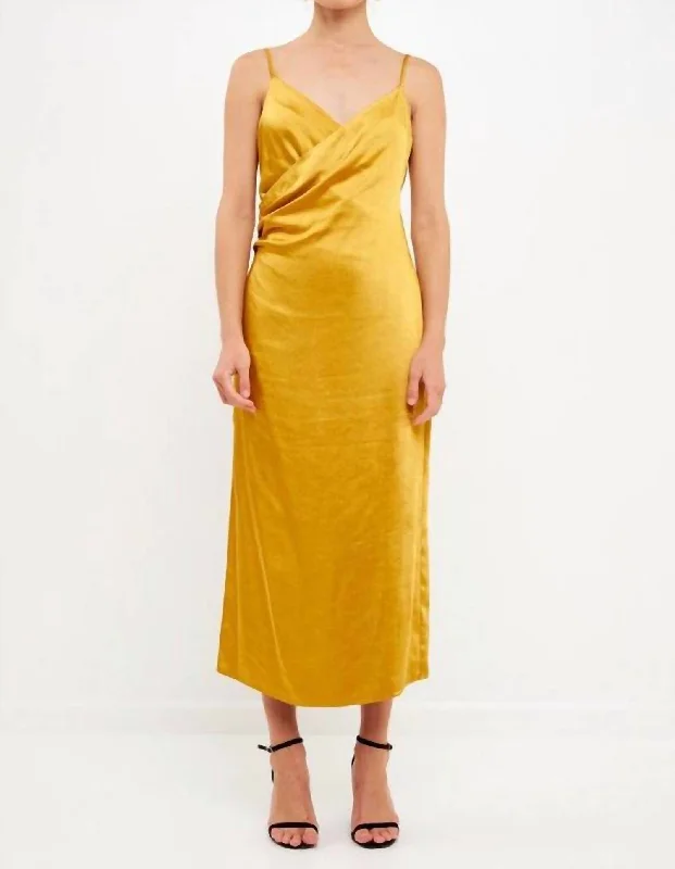 Good Satin Wrap Midi Dress In Gold