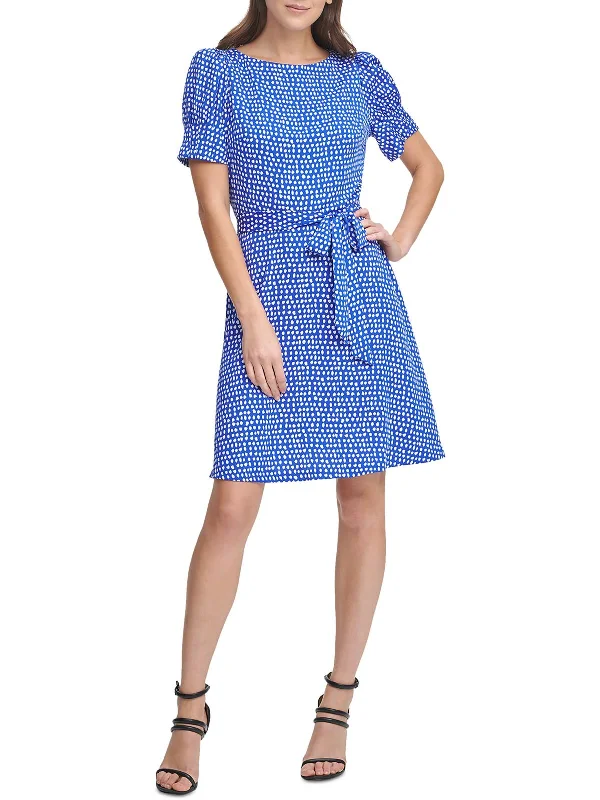 Petites Womens Belted Puff Sleeves Fit & Flare Dress