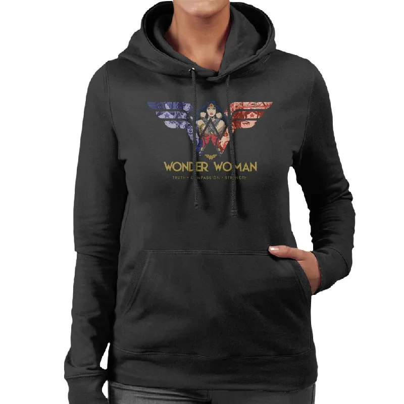 Wonder Woman Truth Compassion Strength W Montage Women's Hooded Sweatshirt