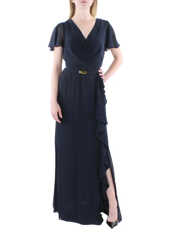 Womens Flutter Sleeve Maxi Evening Dress