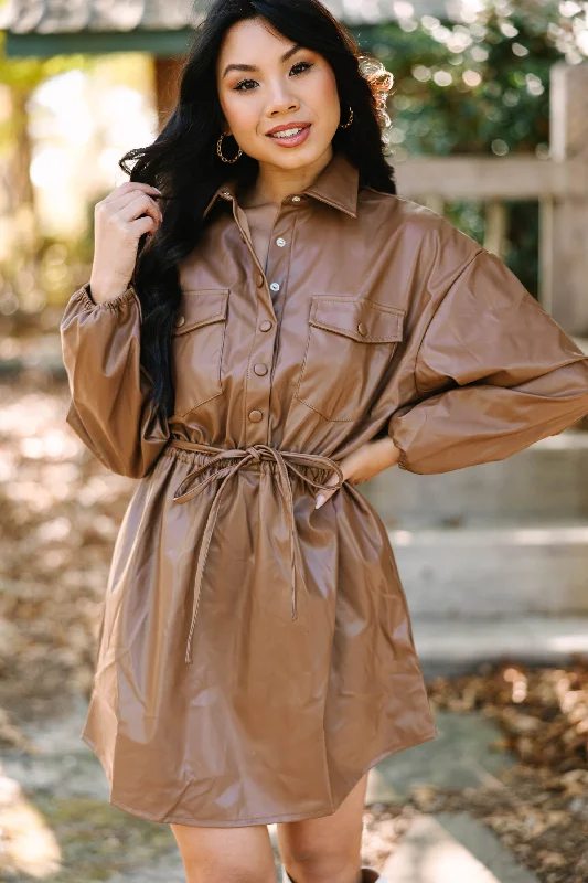 It's A Deal Camel Brown Faux Leather Dress