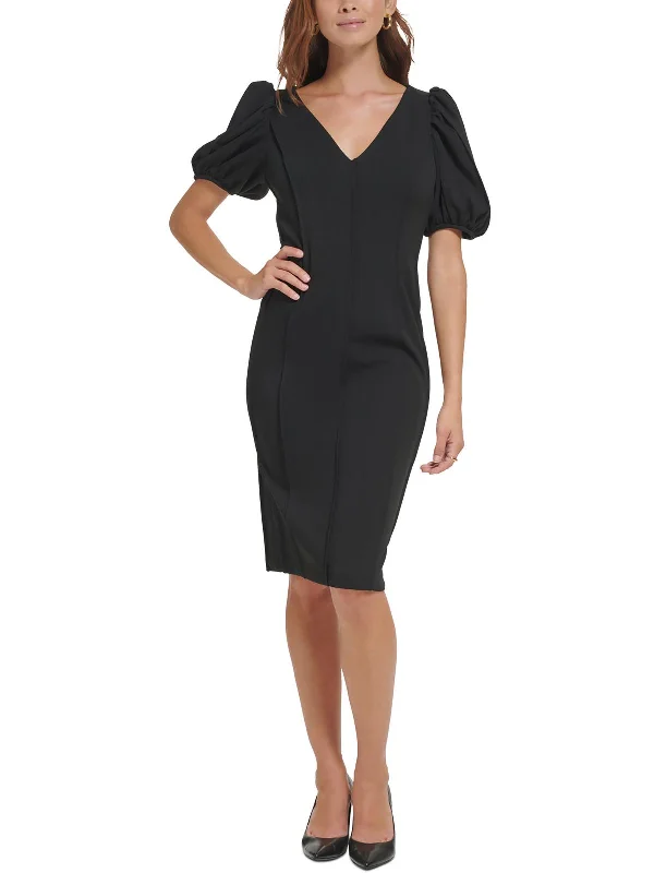 Womens V Neck Pintuck Midi Dress